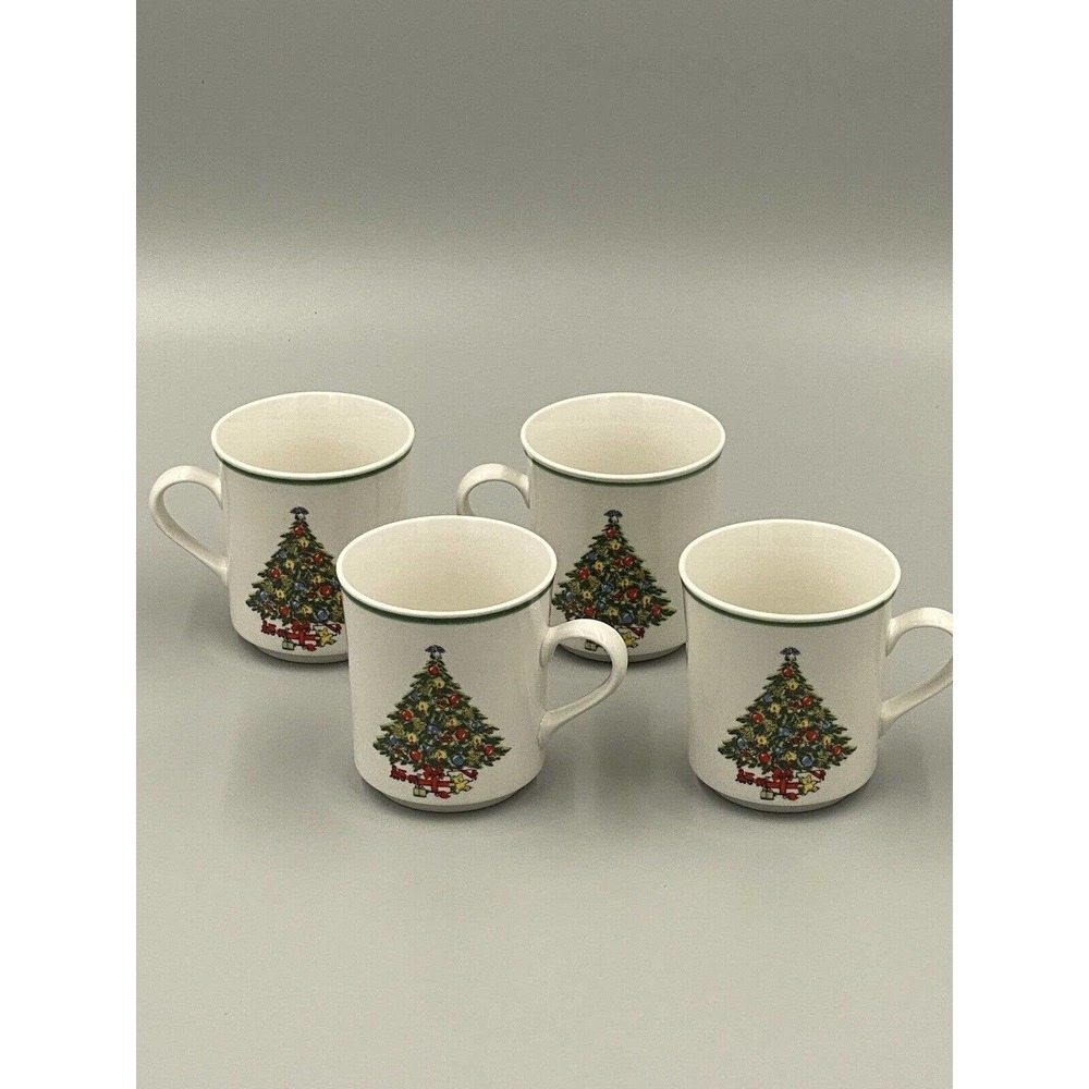 4 Lynns Christmas Tree Mugs Stoneware Holiday Coffee Tea Cups
